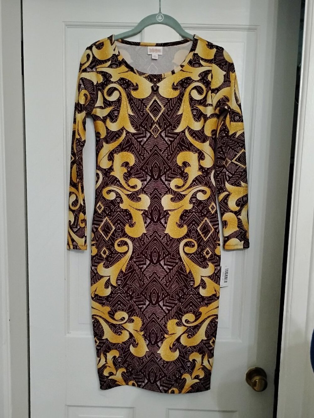 NWT LuLaRoe Debbie Burgundy Metallic Gold Swirl Pencil Dress - Picture 4 of 6